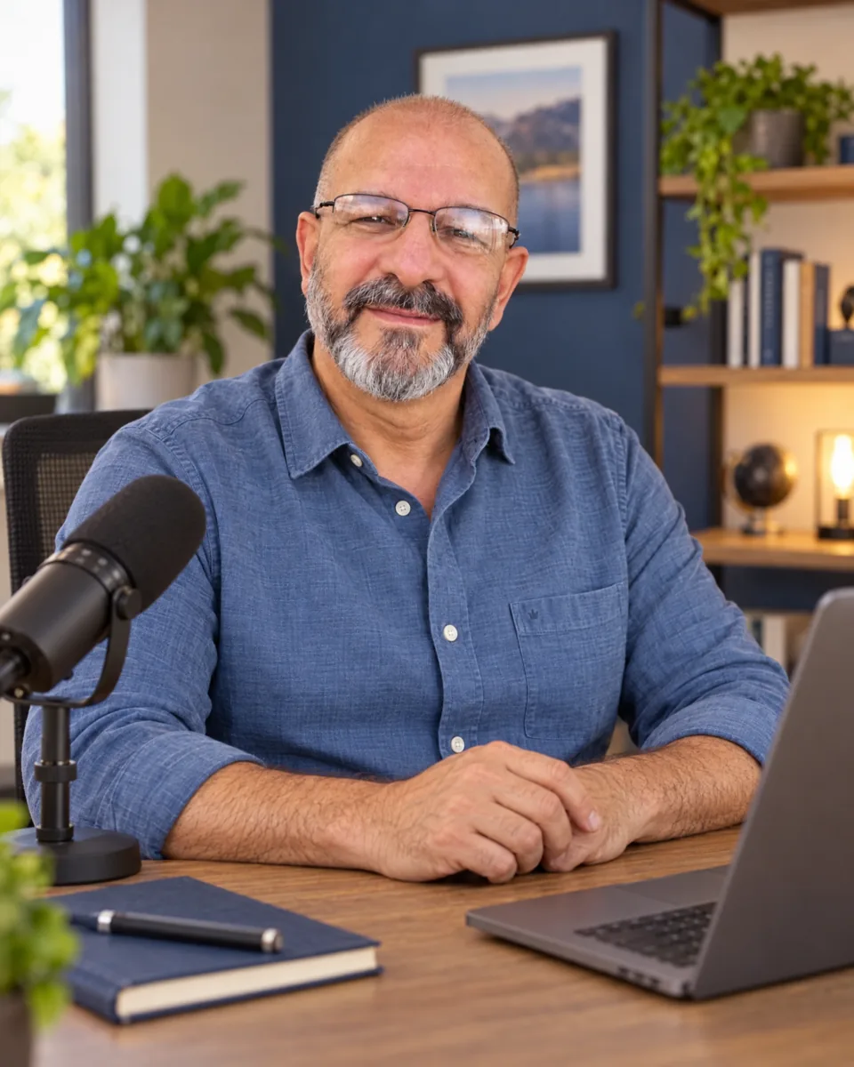 Sergio Góes de camisa azul, com microfone e notebook, como criador de conteúdos