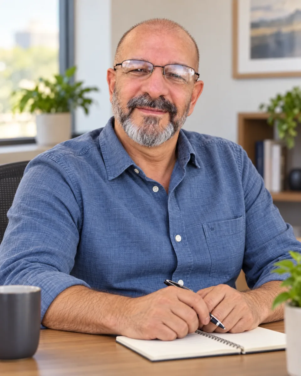 Sergio Góes à mesa, com um caderno, em sua apresentação como mentor
